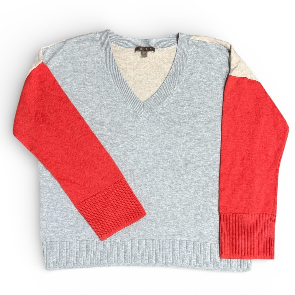 Lilla P Colorblock V-Neck Pullover Sweater Gray Red Cream Womens XS